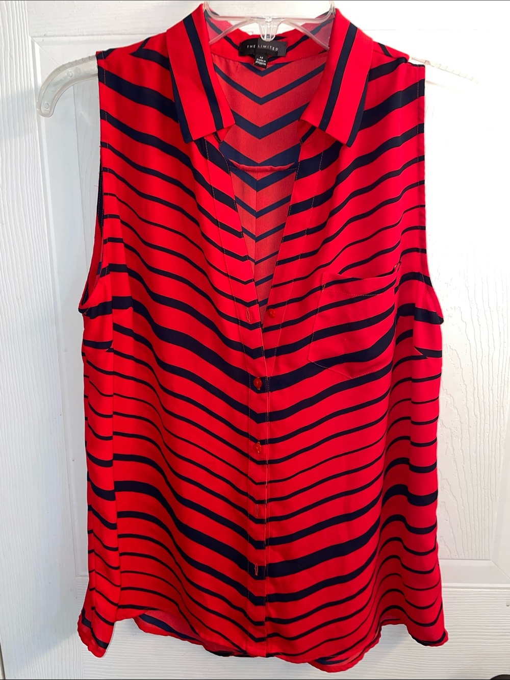 The Limited Red and Navy Striped Sleeveless Button Front Shell